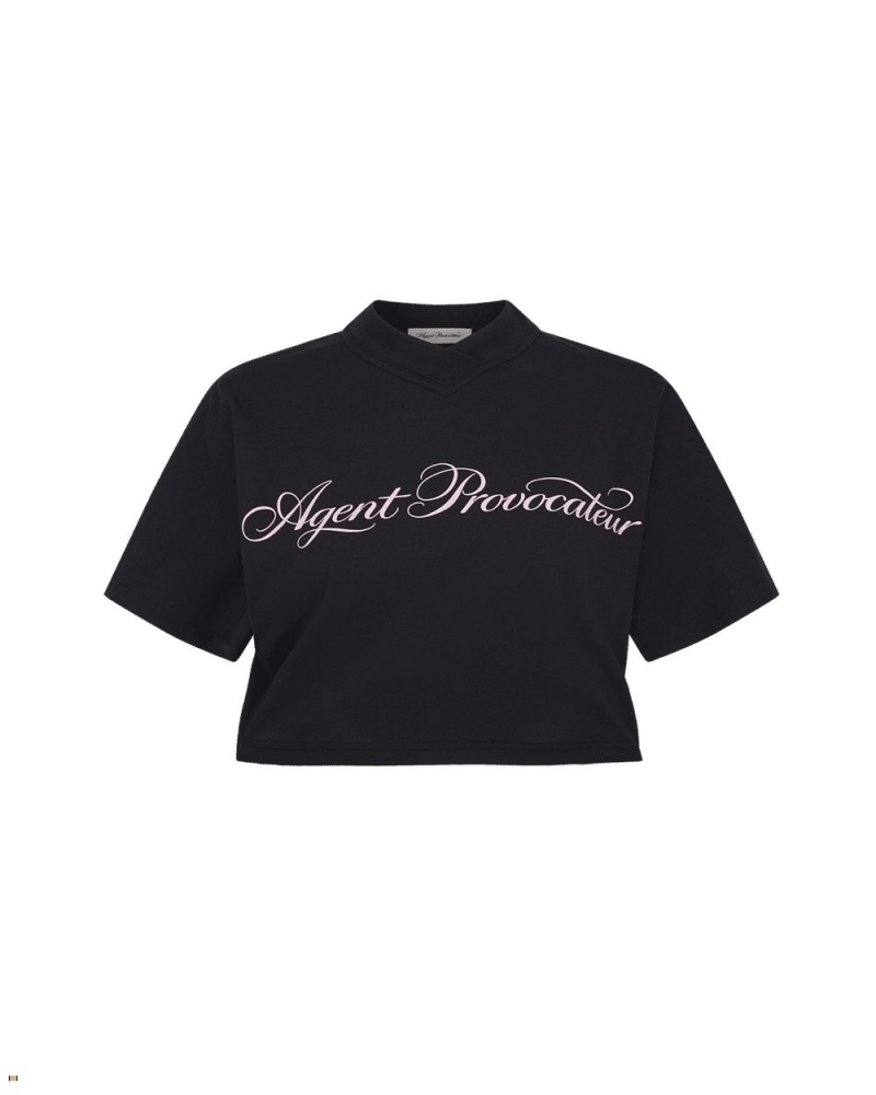 Agent Provocateur Rayley Crop Women\'s T-Shirts Black | NPSCMBQ-82